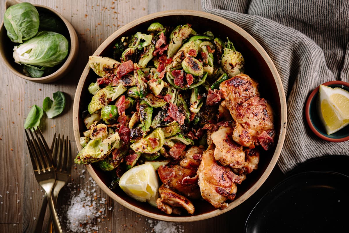 Flat Top Chicken, Brussels Sprouts & Bacon