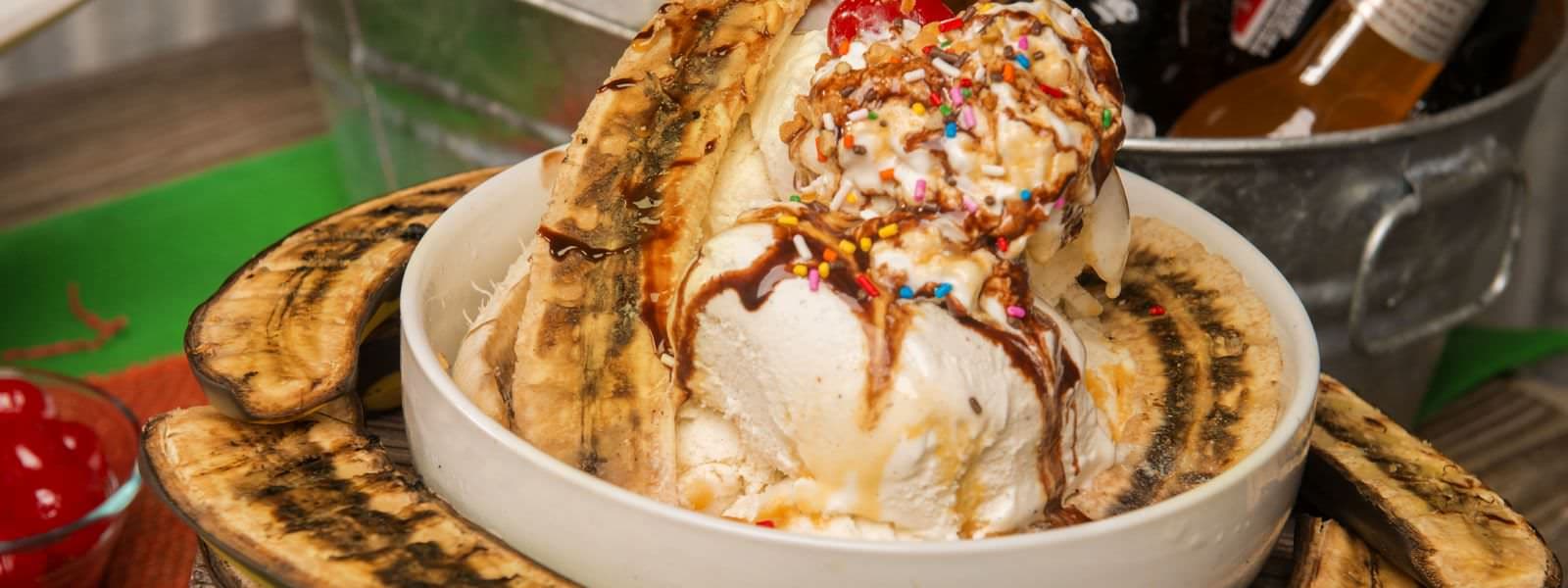 Grilled Banana Split With Vanilla Bourbon Ice Cream