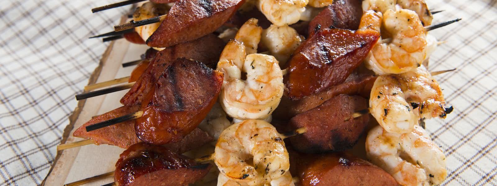 Sweet Grilled Shrimp & Spicy Sausage Skewers