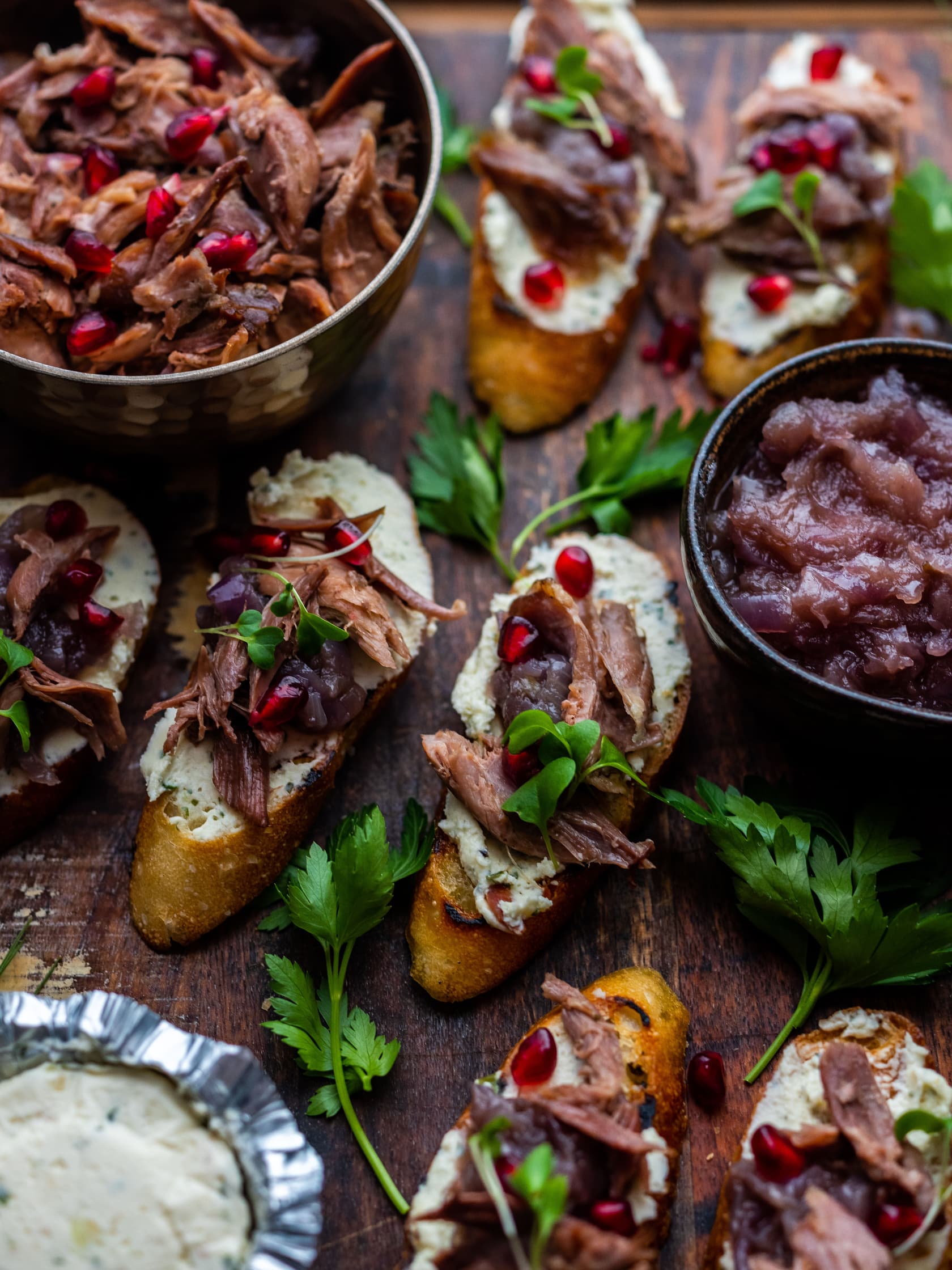 Duck Confit, Red Onion Jam, and Goat Cheese Crostinis