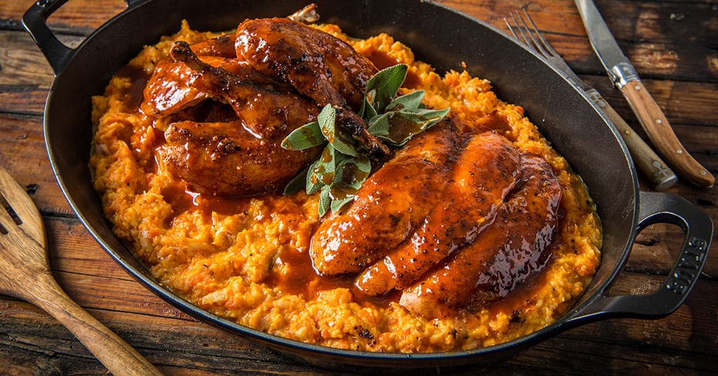 BBQ Game Birds with Root Vegetable Mash
