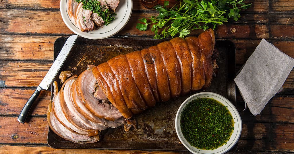 Smoked Porchetta with Italian Salsa Verde.