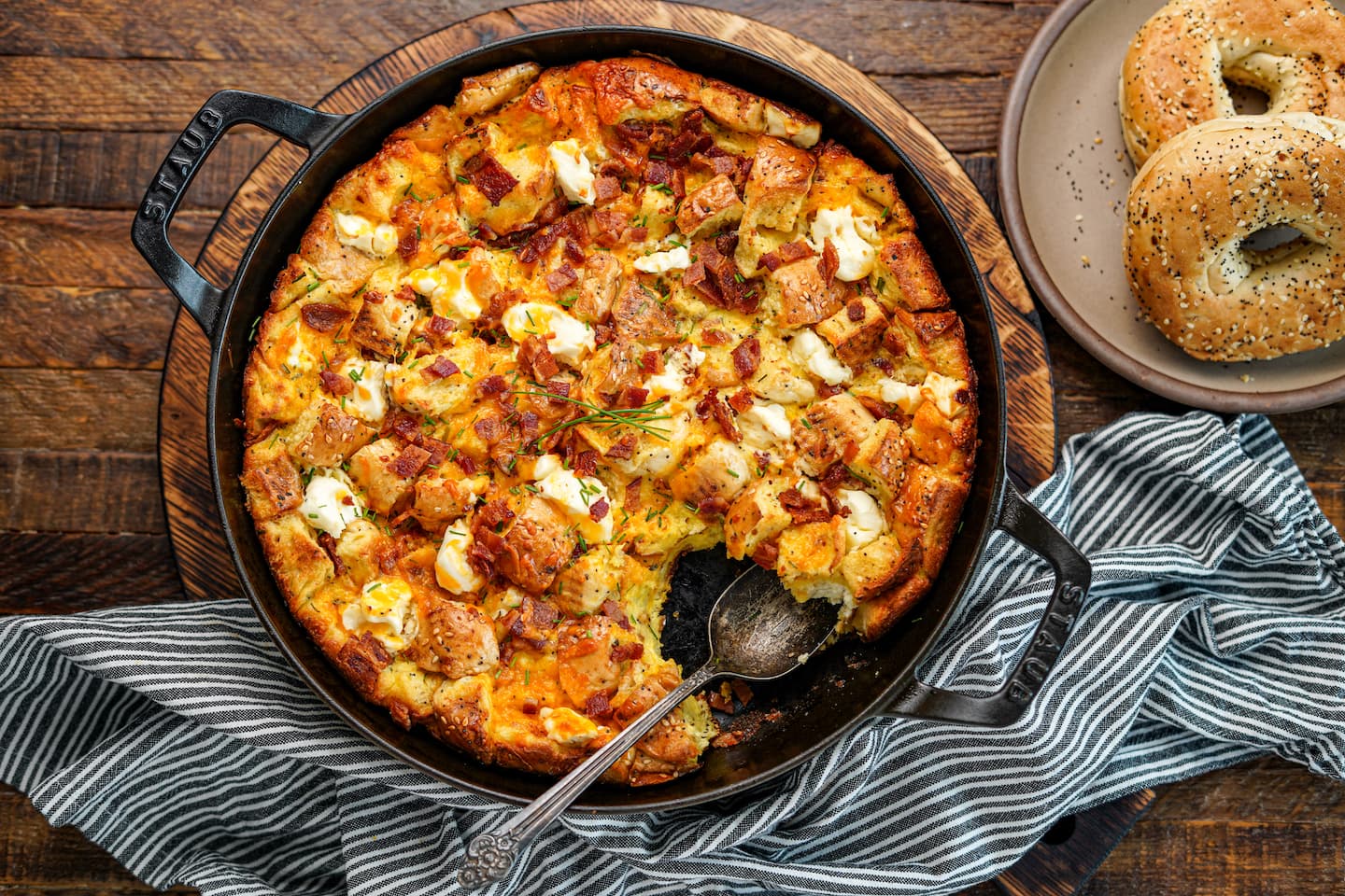 Everything Bagel Breakfast Strata with Crispy Bacon Bits