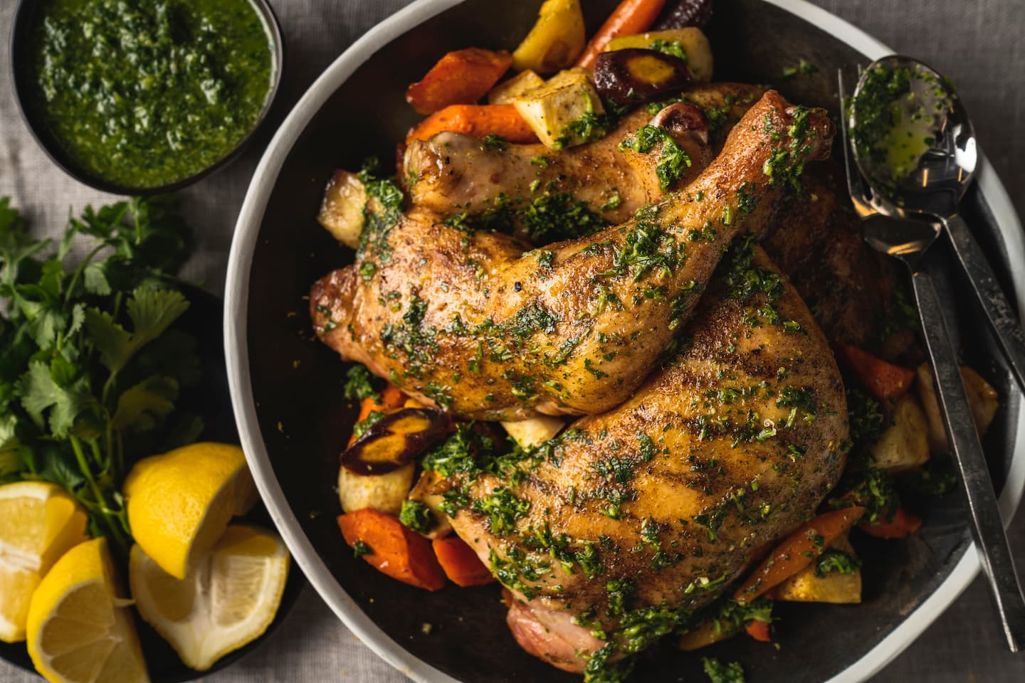 Moroccan-Spiced Roasted Chicken with Root Vegetables and Chermoula