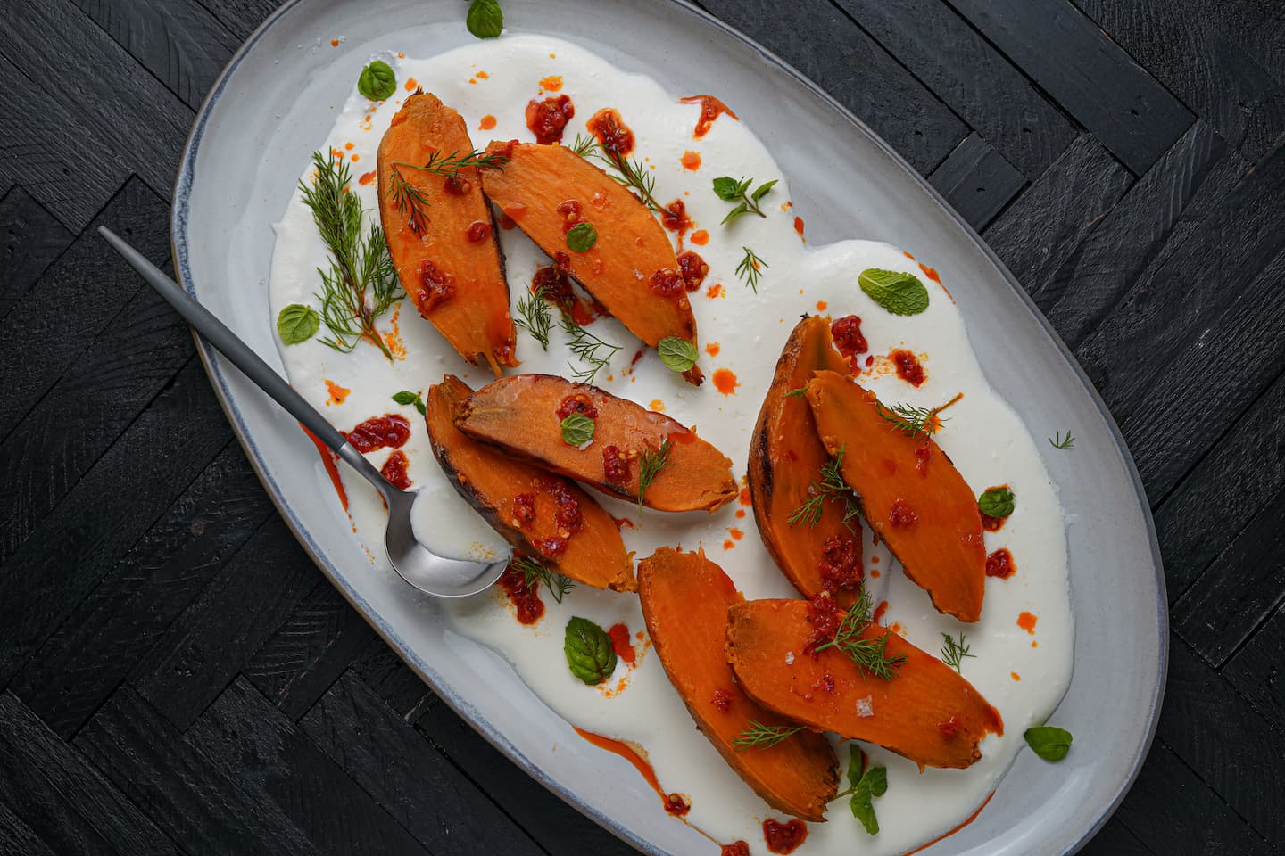 Charred Sweet Potato with Whipped Feta, Bomba and Herbs