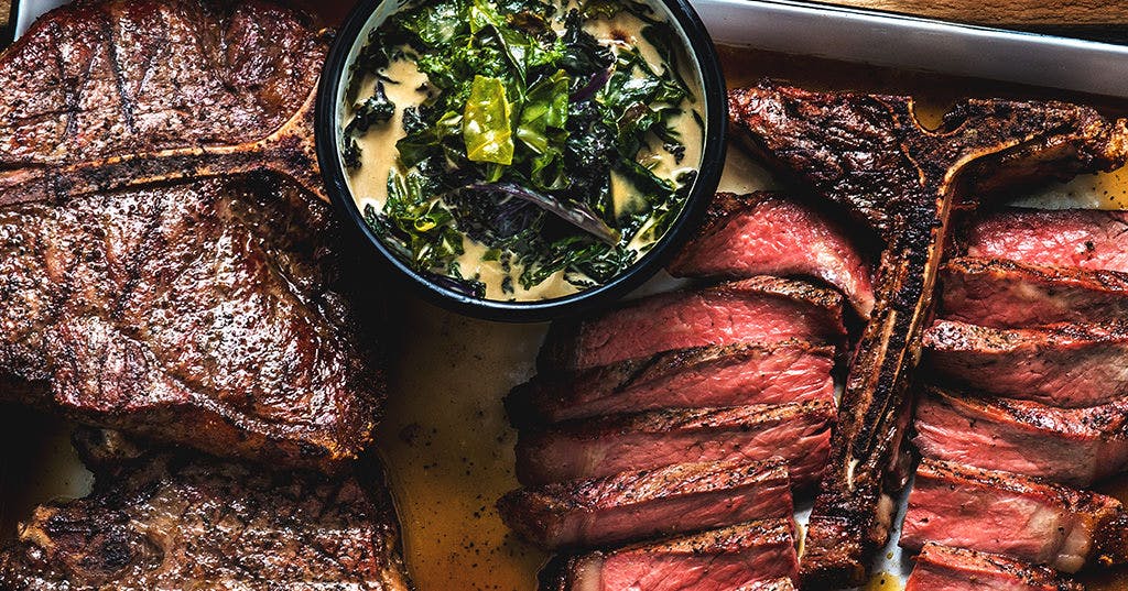 Grilled Porterhouse Steak With Creamed Greens
