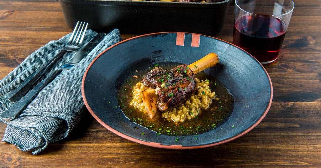 Armenian Style Braised Lamb Shanks with Barley Risotto by Chef Bonnie Morales