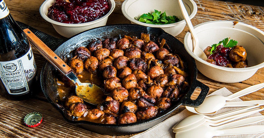 Braised Wild Turkey Meatballs with Brown Gravy and Cranberry Sauce