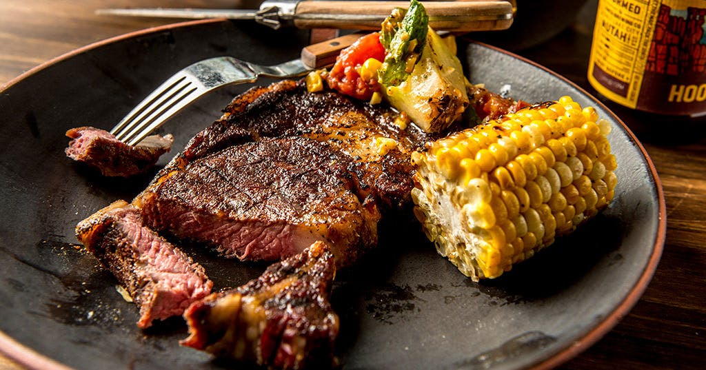 Grilled Coffee Rubbed Ribeye with Charred Corn & Tomato Salad