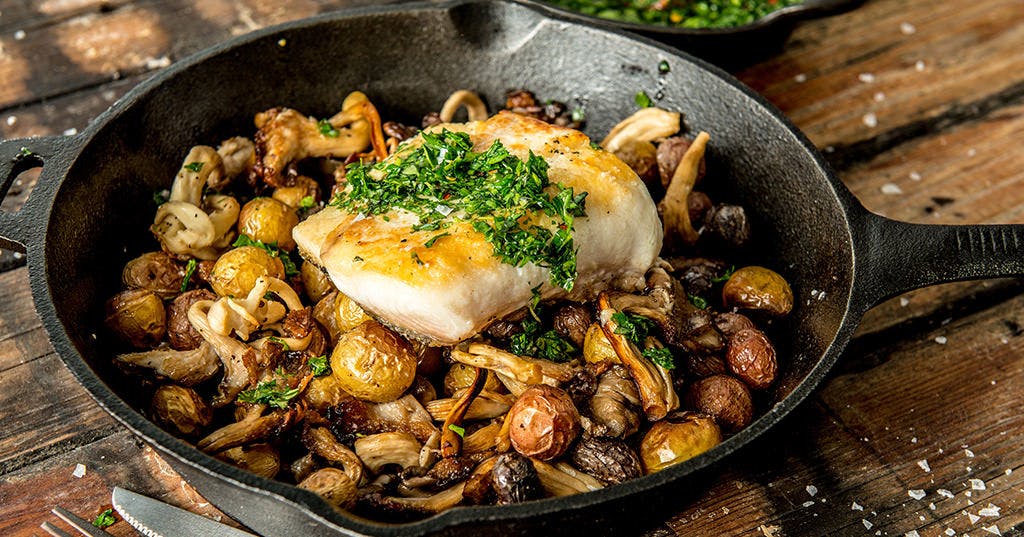 Roasted Yellowtail with Potatoes, Mushrooms & Italian Salsa Verde