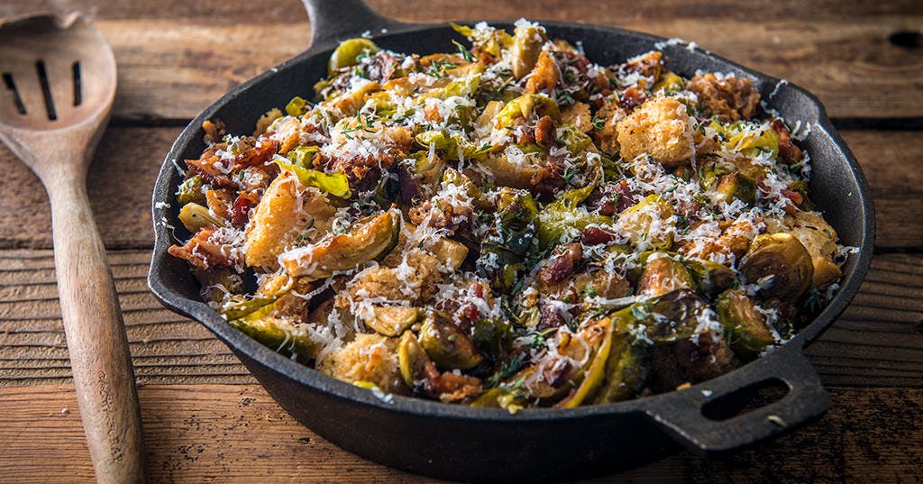 Crispy Brussels Sprouts with Bacon and Croutons