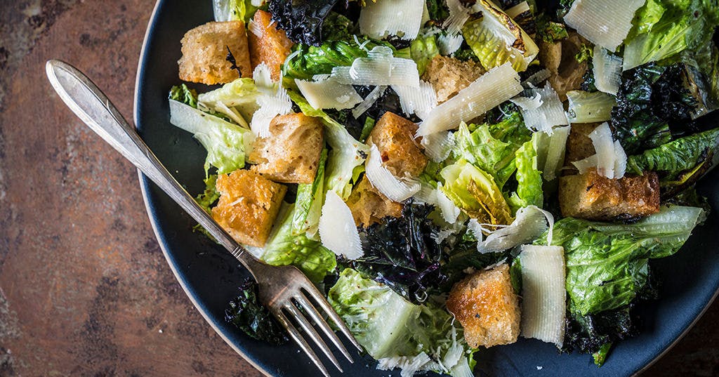Grilled Kale Caesar Salad with Homemade Croutons