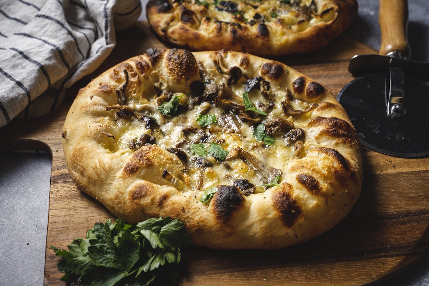Cheesy Confit Garlic and Mushroom Pizza