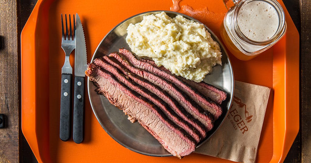 Coffee and Cocoa Rubbed BBQ Brisket with Creamy Mashed Potatoes