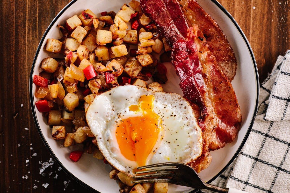 Flat Top Fried Eggs and Bacon with Hash Browns