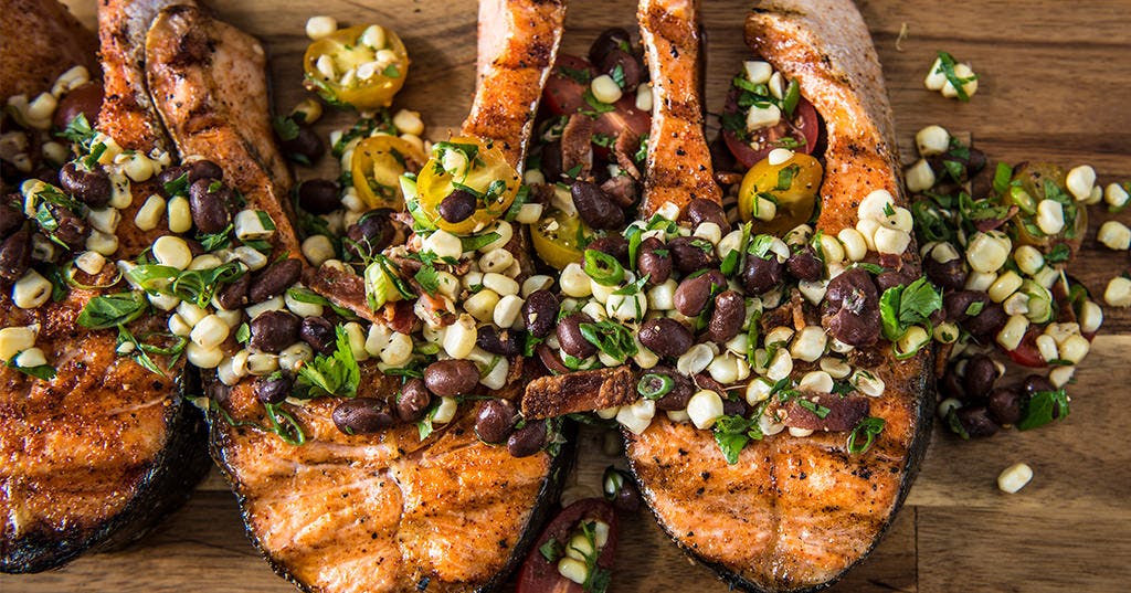 Grilled Salmon Steaks with BBQ Corn Salad