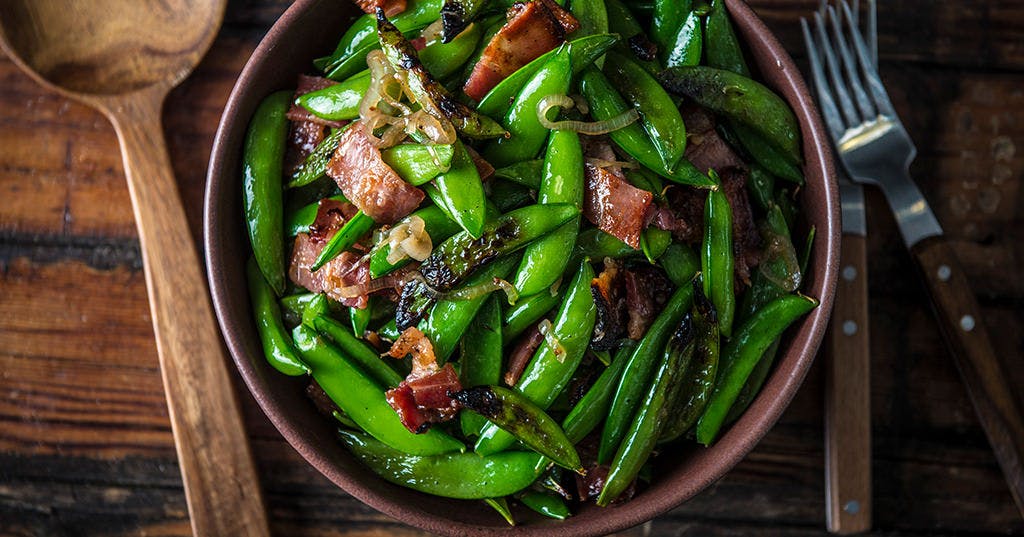 Grilled Sugar Snap Peas and Smoked Bacon