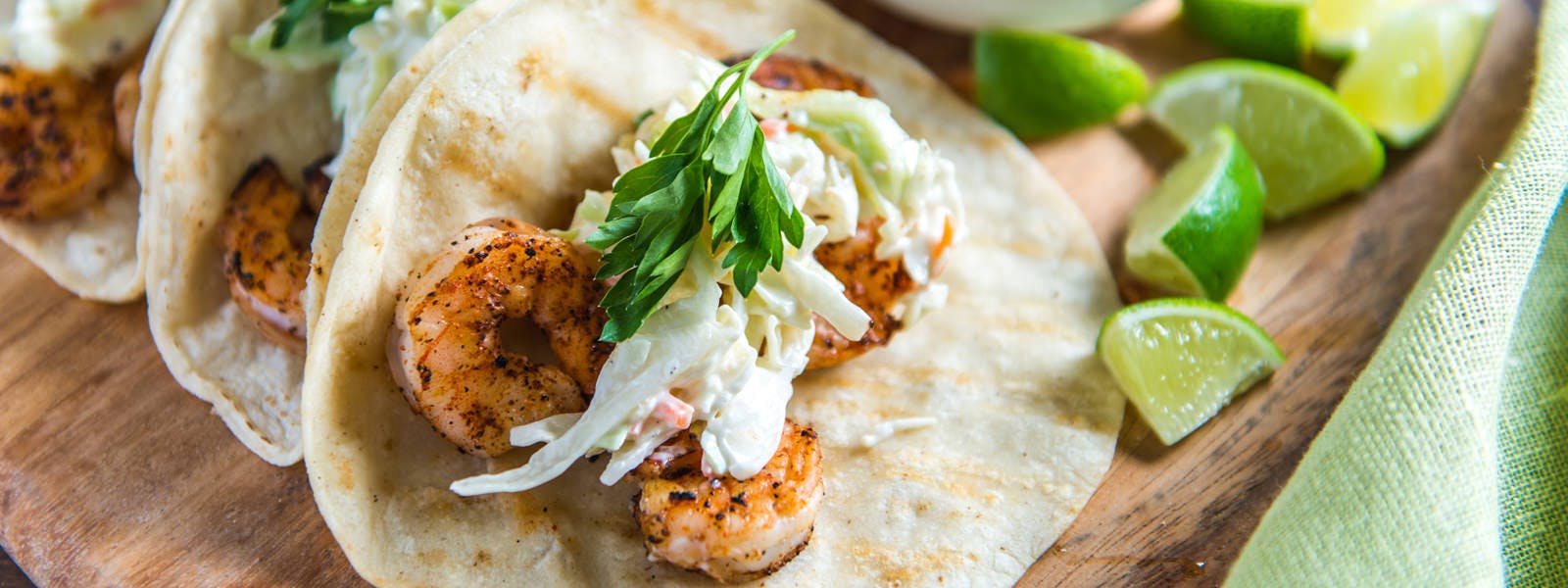 Grilled Shrimp Tacos with Garlic Cilantro Lime Slaw
