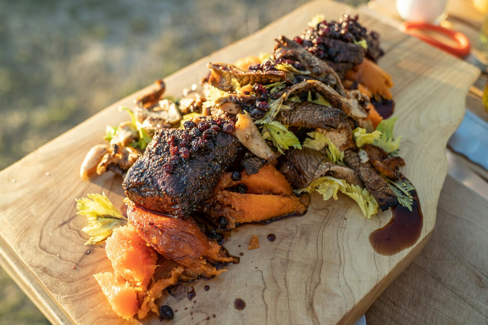 Grilled Elk Loin with Baked Sweet Potatoes and Grilled Wild Mushrooms