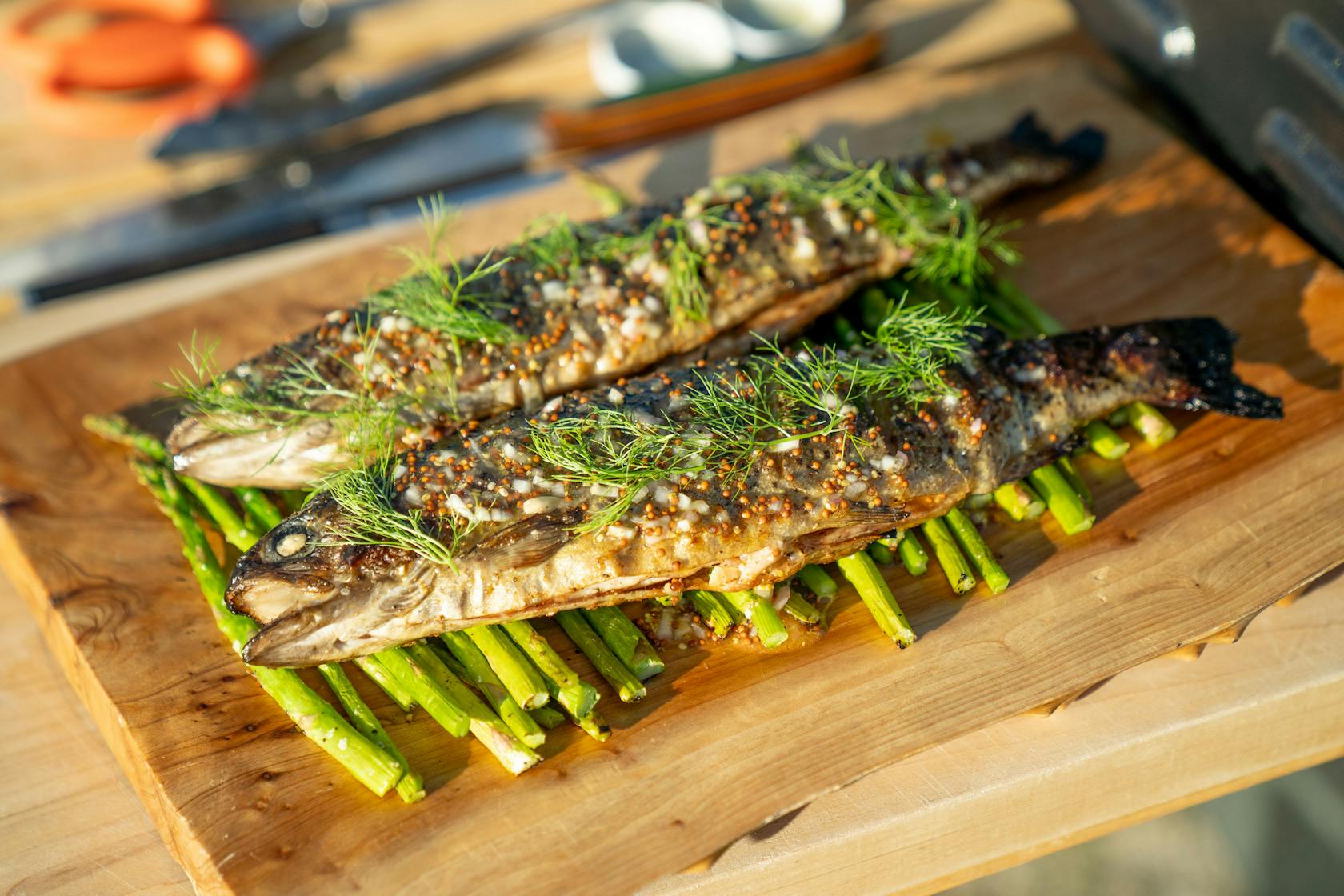 Grilled Rainbow Trout with Grilled Asparagus and Charred Lemon Vinaigrette