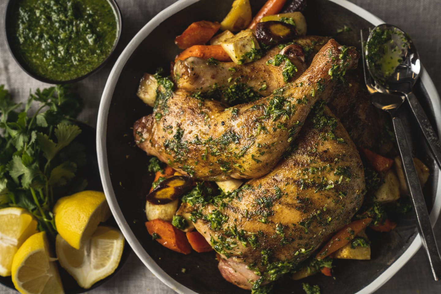 Moroccan-Spiced Roasted Chicken with Root Vegetables and Chermoula