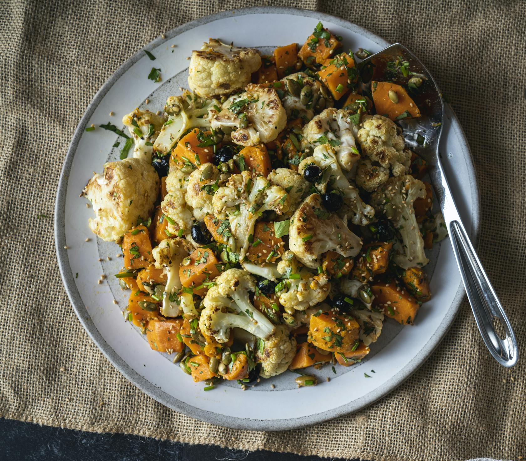 Blistered Cauliflower Salad with Smoked Sweet Potatoes and Pumpkin Seeds
