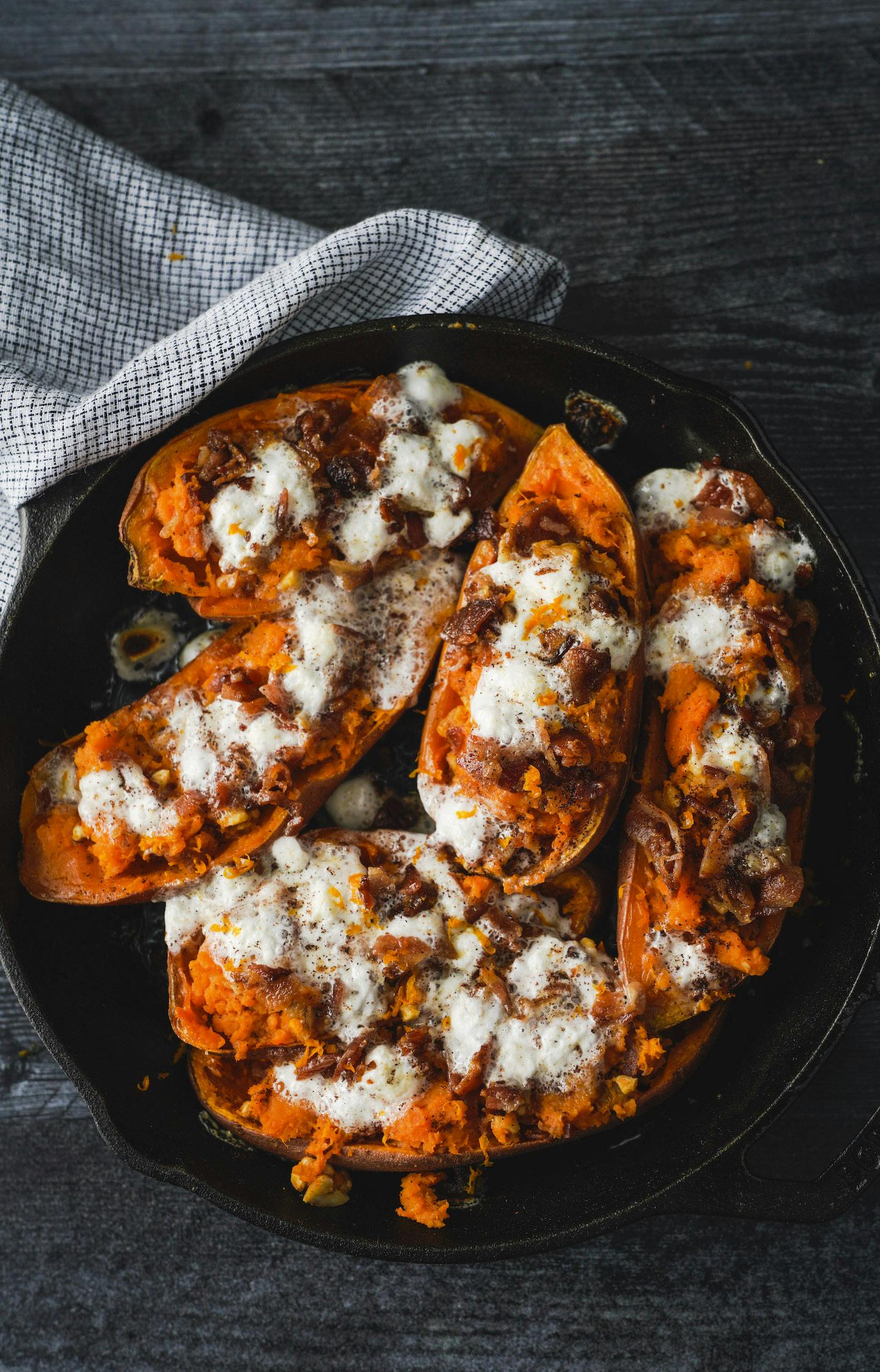 Twice Baked Sweet Potatoes with Bacon and Mini Marshmallows